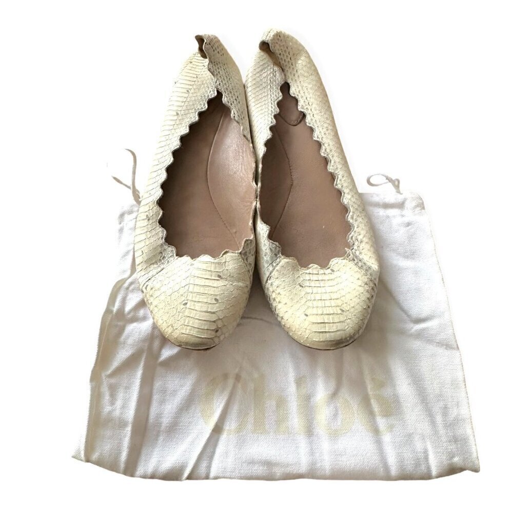 Chloe Lauren Ballet Ballerina Flats, in white snake, Scalloped edge, Size 39 - Picture 2 of 11